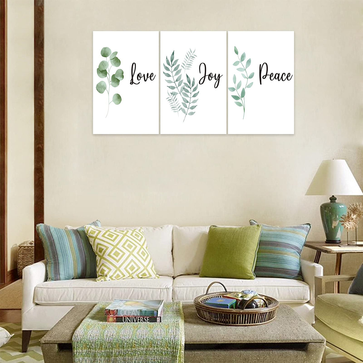 3 Piece Inspirational Wall Art, White Plants Background Picture, Quotes "Love Joy Peace" Canvas Print Decor, Triptych