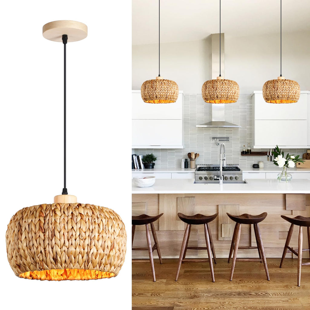 Hand-Woven Rattan Pendant Lights Kitchen Island wiht 12 Inch Wickel Shade