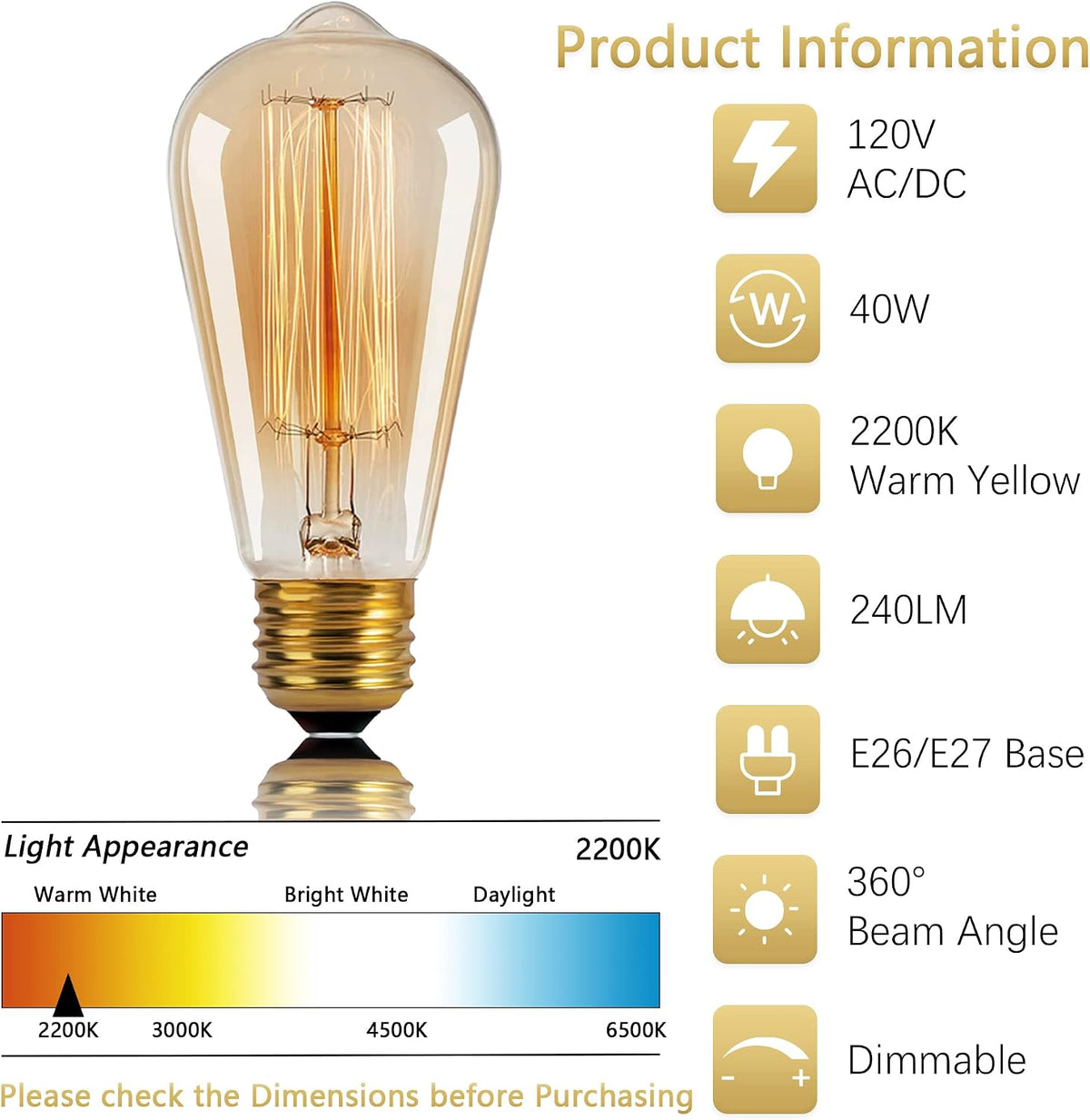 ST64 Incandescent Light Bulbs 40W E26 Dimmable Edison Bulbs 6 Pack