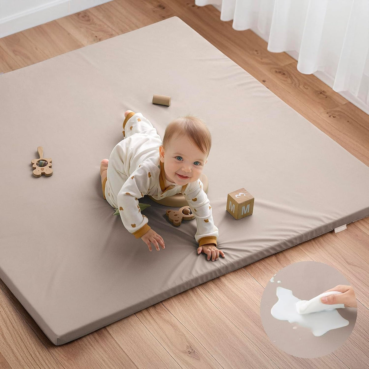 Vegan Leather Baby Play Mat, 50''x50'', Taupe