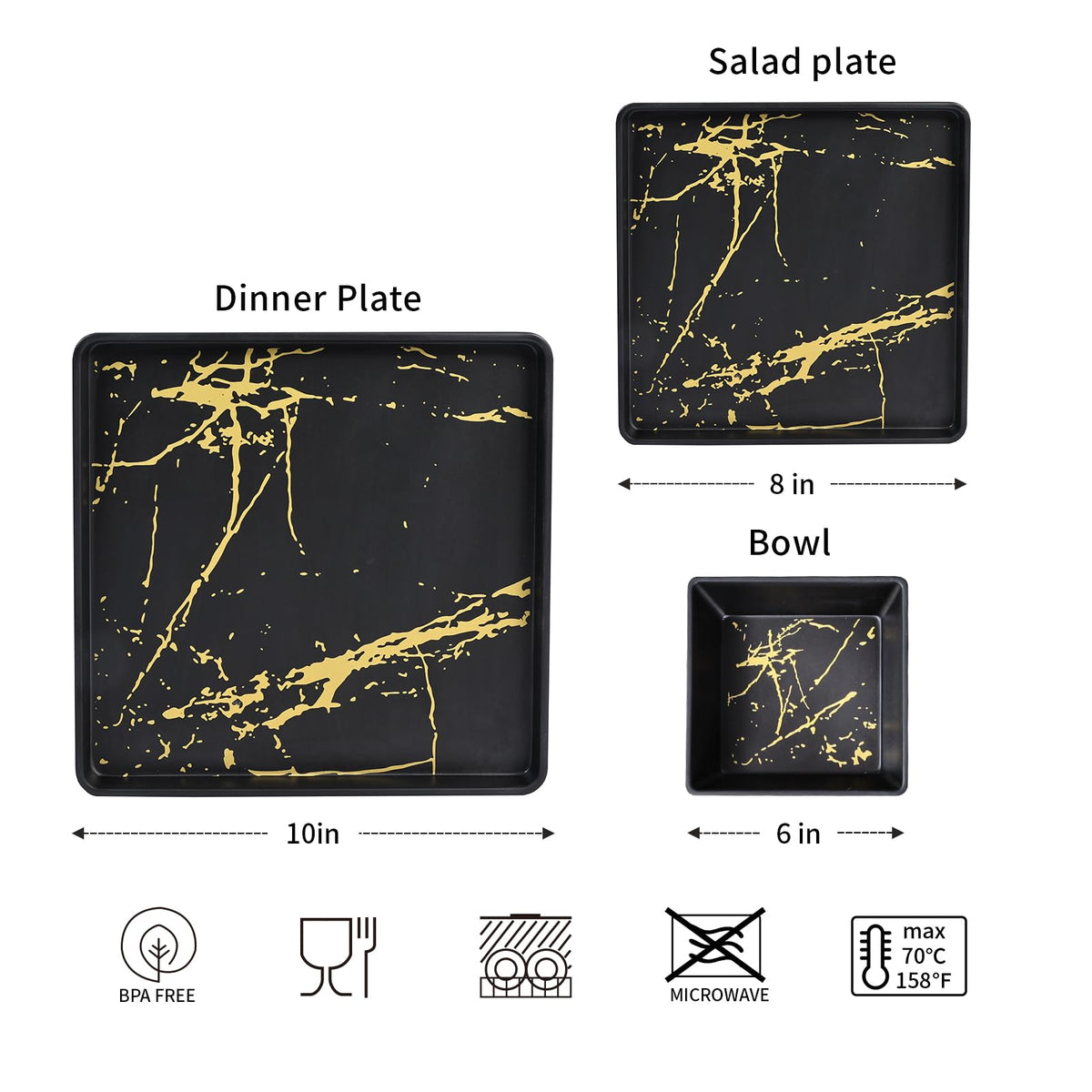 Melamine Dinnerware Sets - 12pcs Square Plates and Bowls Sets For 4, Indoor Outdoor Use, Dishwasher Safe, Black & Gold
