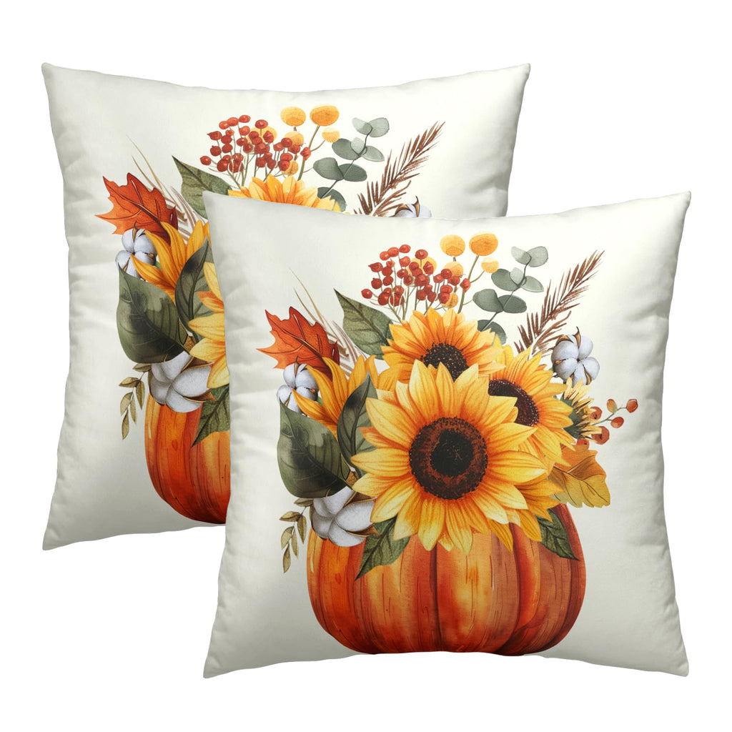 Fall Sunflower Pumpkin Pillow Cover Set of 2-22x22 Inch Autumn Flower Floral Harvest Seasonal Decorative Sofa Couch