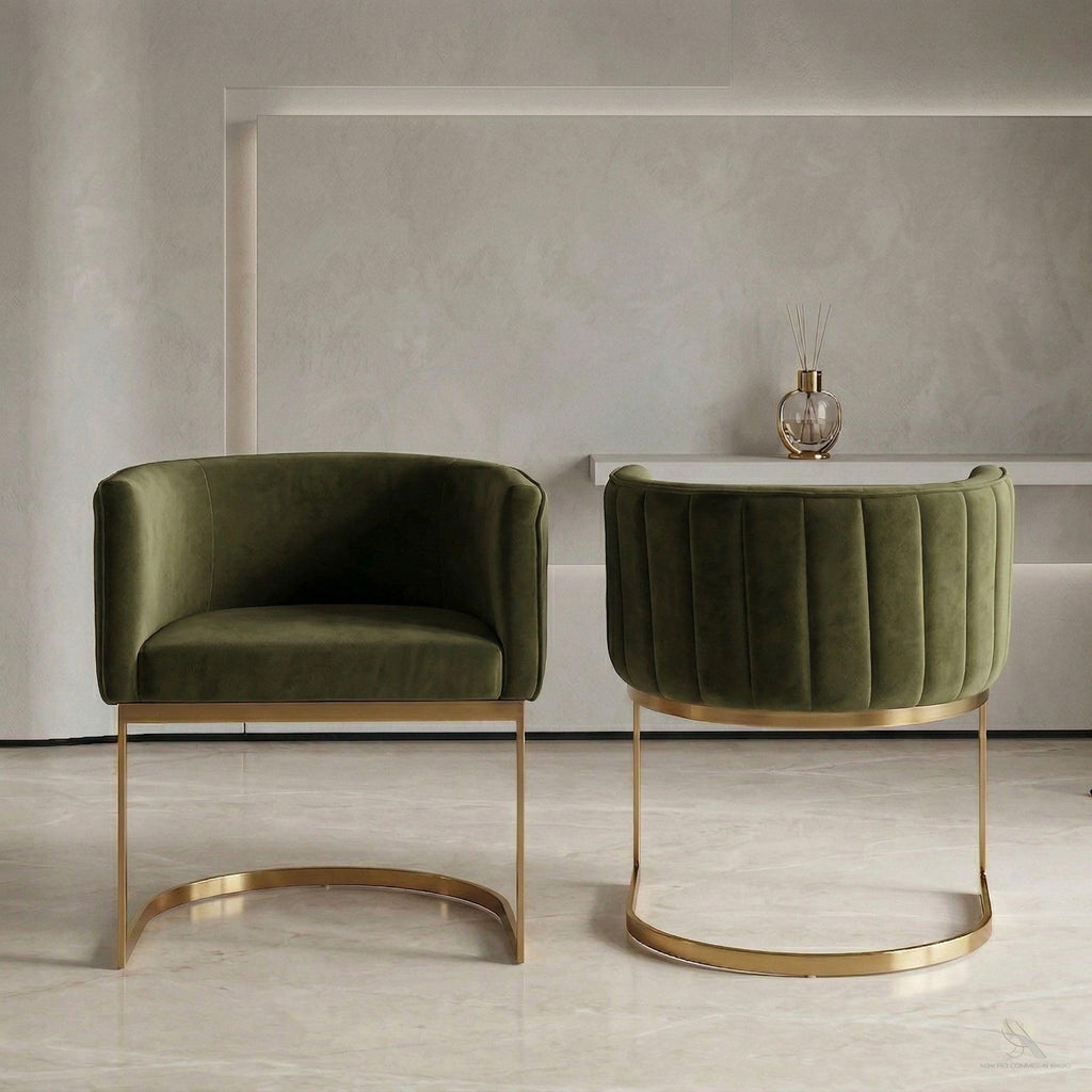 Olive Green and Gold Modern Barrel Dining Chairs Set of 2, Velvet Upholstered Accent Chairs with Curved Back Island