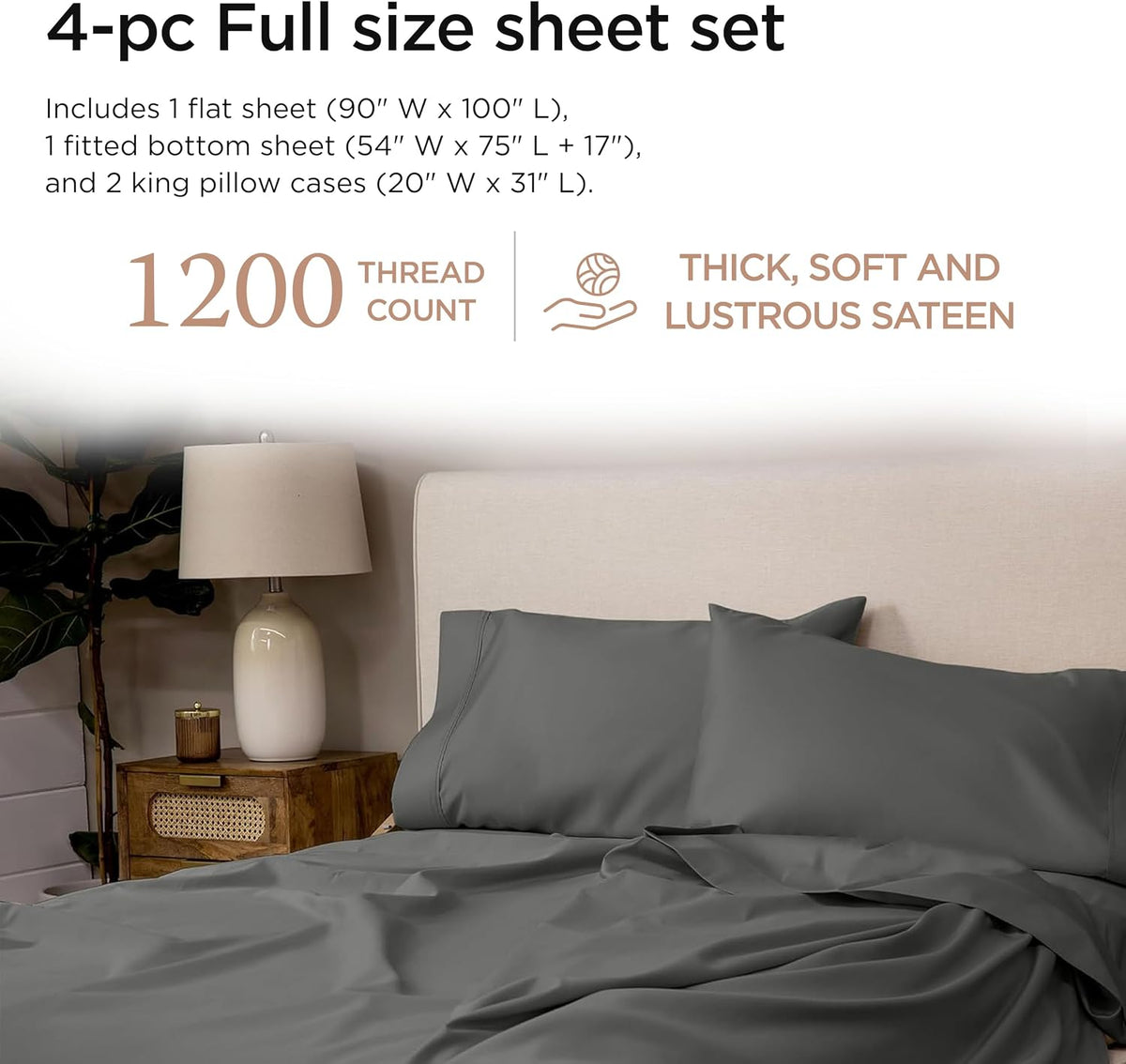 1200TC Supima Cotton Cal King Sheet Set, Sateen, Dark Grey