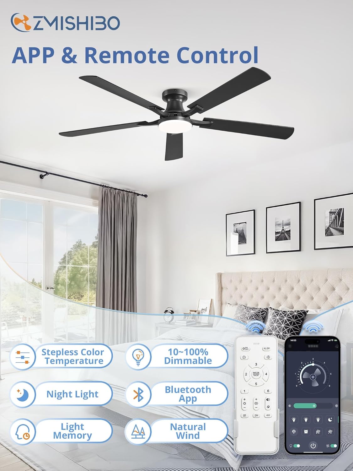 60 Inch Ceiling Fan with Light, App&Remote Control, Flush Mount Low Profile, Dimmable 20W LED Light, Quiet Reversible Motor for Bedroom, Living Room, Apartment, Black