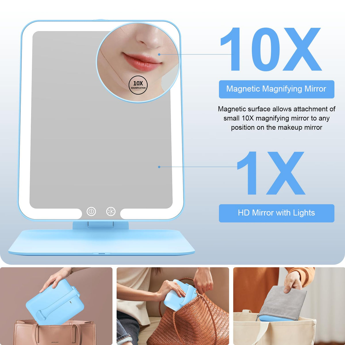 Travel Makeup Mirror with 3 Lights and Magnification 10X