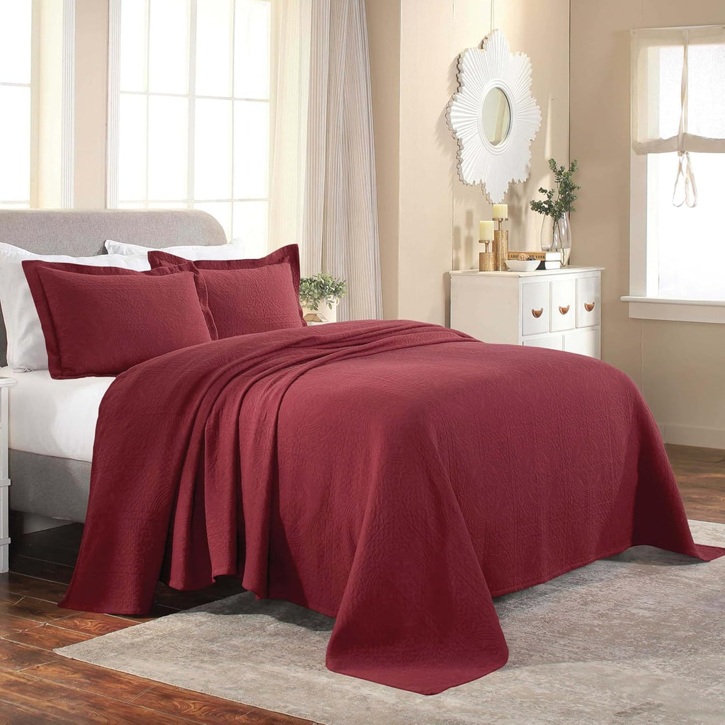 Cotton Bedspread, Jacquard Woven Matelasse Bedding, King, Garnet