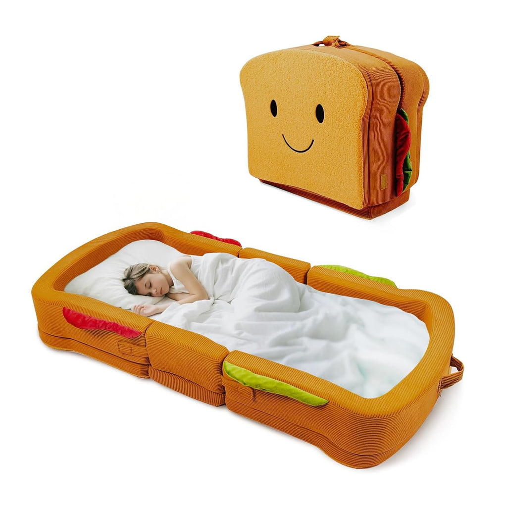 Toddler Travel Bed Sandwich Style - Portable Toddlers Floor Beds, Foldable Soft Foam Travel Crib for Baby and Kid