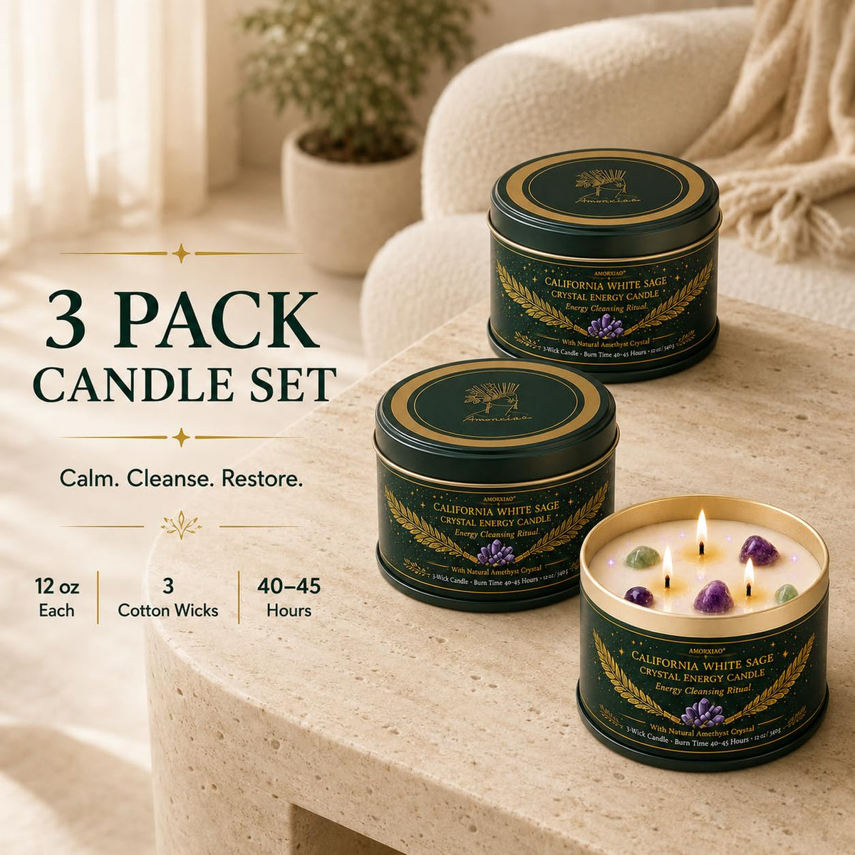Sage Candle for Cleansing, 3 Pack Scented Candle Soy Candles with Crystals