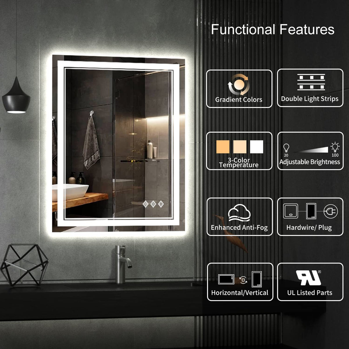 LED Bathroom Mirror, 24x32 Inch Vanity Mirror with Lights, Gradient Front and Backlit Bathroom Mirror with Lights, 3