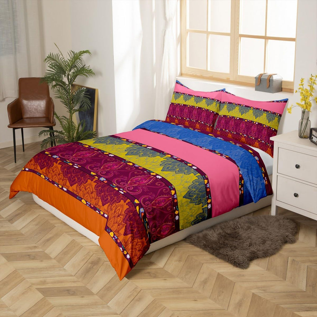 Boho Duvet Cover Paisley Floral Bedding Set, Luxurious Mexican Style Comforter Cover Set Full Size Bohemian