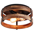 2-Light Rustic Flush Mount Light Fixture Oak Wood Round Drum Semi Flush Mount Ceiling Light Bedroom Kitchen Entryway