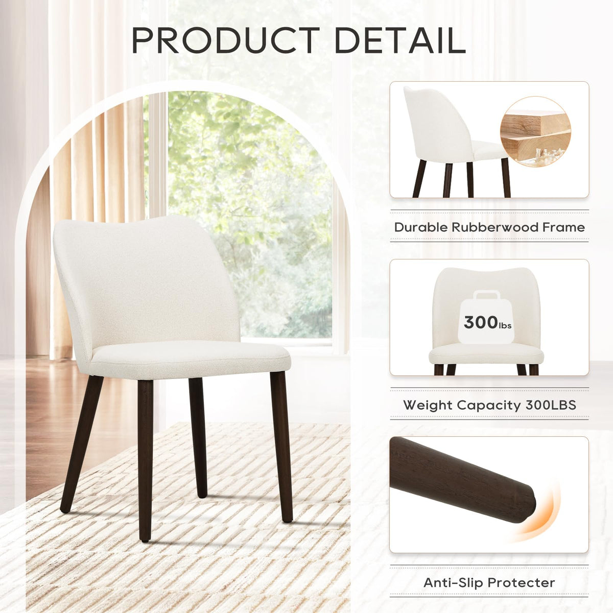Upholstered Set of 4, Modern Kitchen & Dining Room Chairs with Curved Back, Fabric Padded Seat and Solid Wood Legs