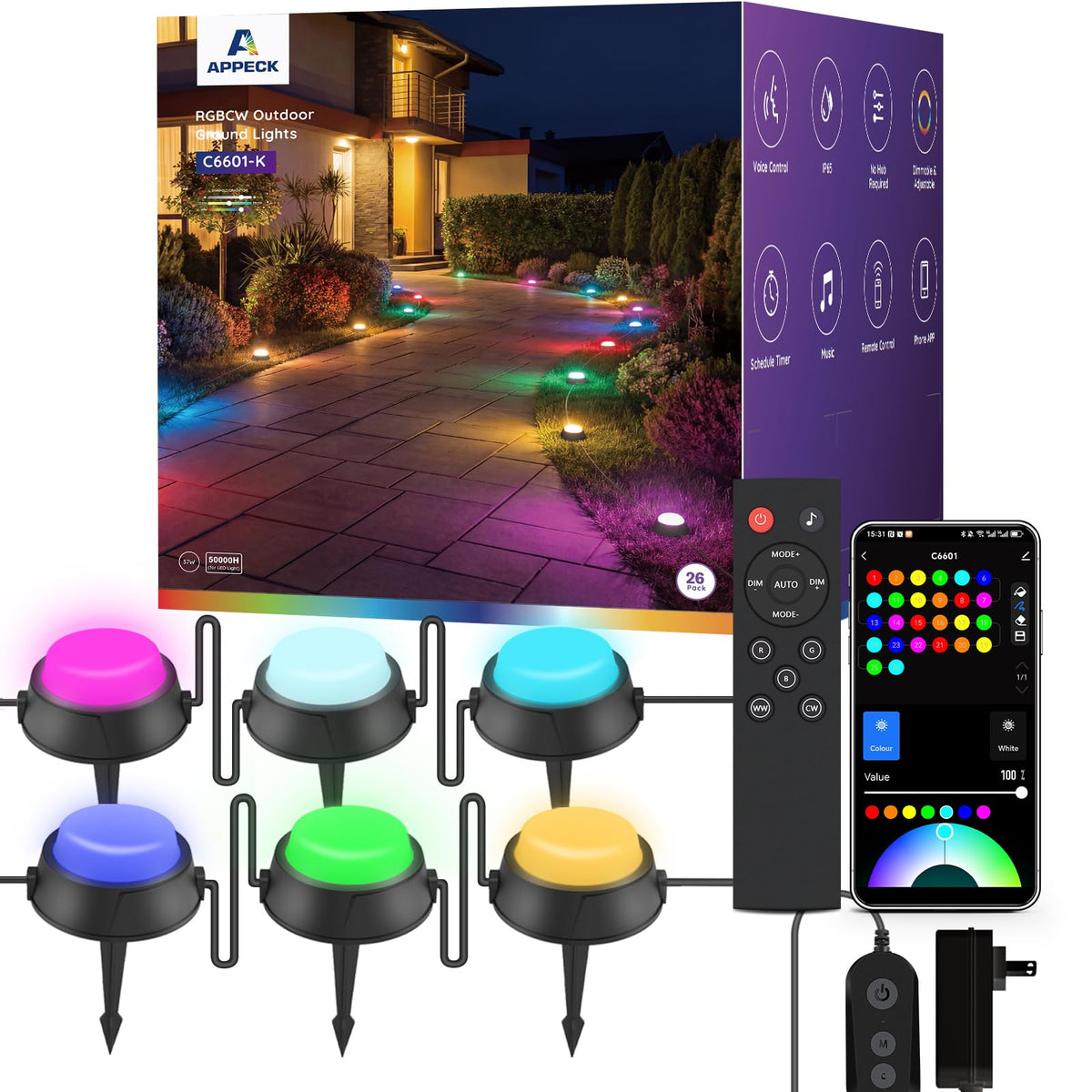Outdoor Ground Lights 26 Pack, 58FT RGBCW Pathway Lights Wired