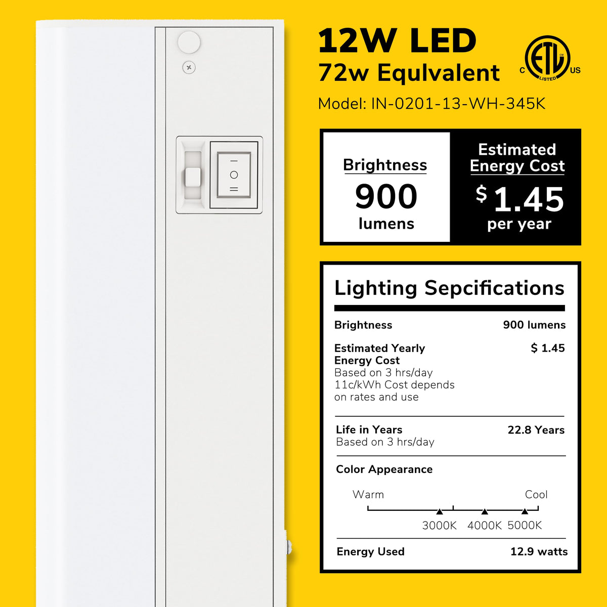 Hardwired Only LED Under Cabinet Light, 3-CCT Selectable