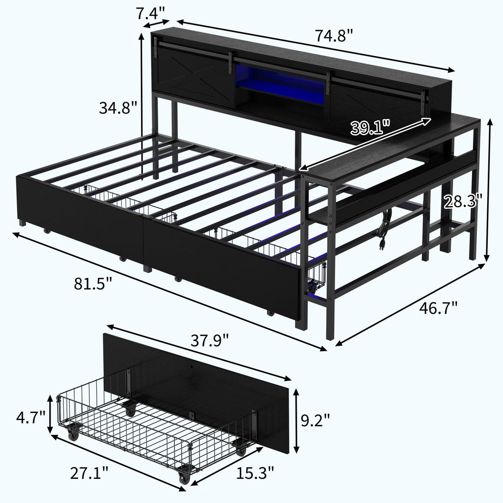 Corner Bed Frame with Storage, Bookcase Headboard & 2 Drawers, Sliding Barn Door Storage Bed Frame with