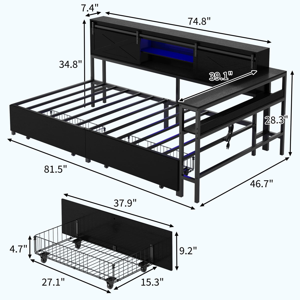 Corner Bed Frame with Storage, Bookcase Headboard & 2 Drawers, Sliding Barn Door Storage Bed Frame with