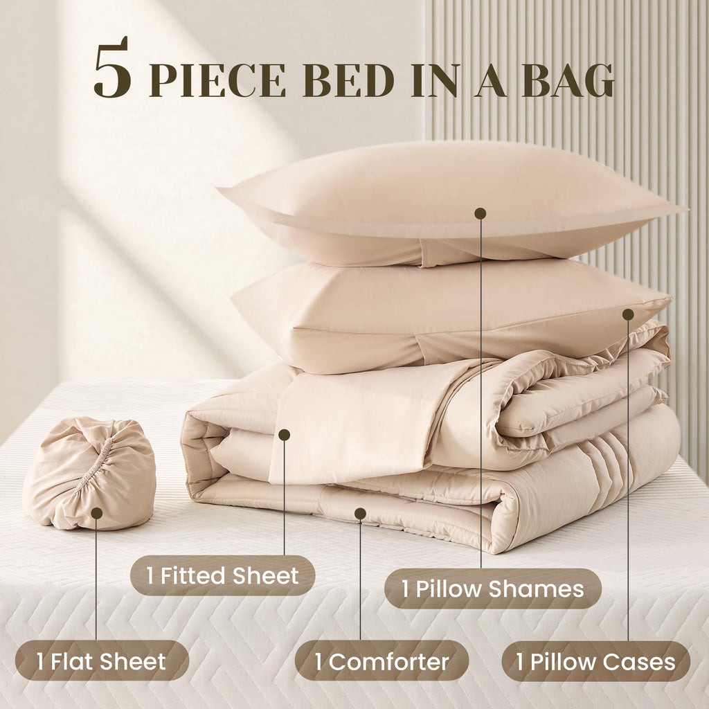 Comforter Set 5Pcs Beige Vertical Striped Bed in a Bag