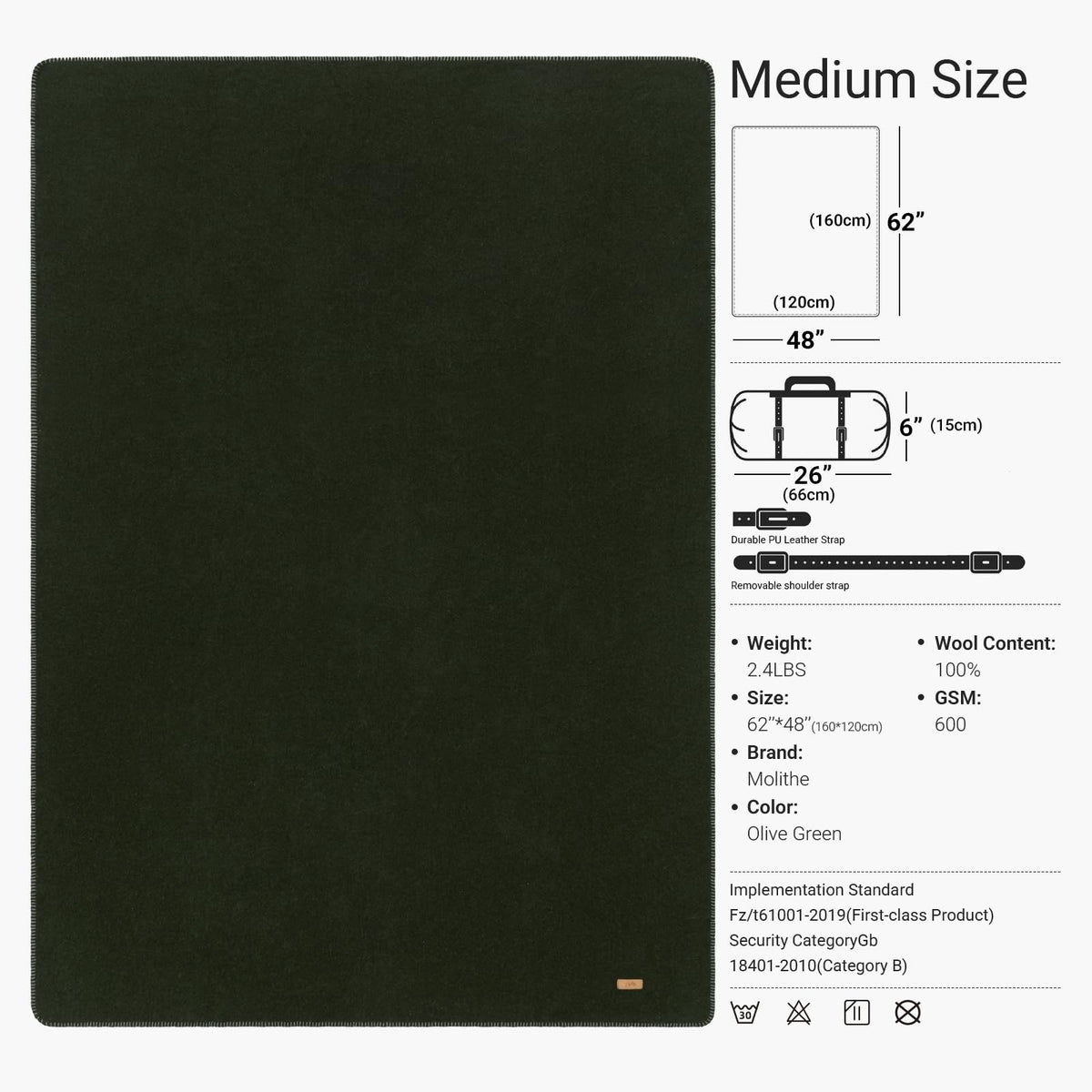 100% Wool Blanket, 62" x 48", Warm, Thick, Military, Camping Gear