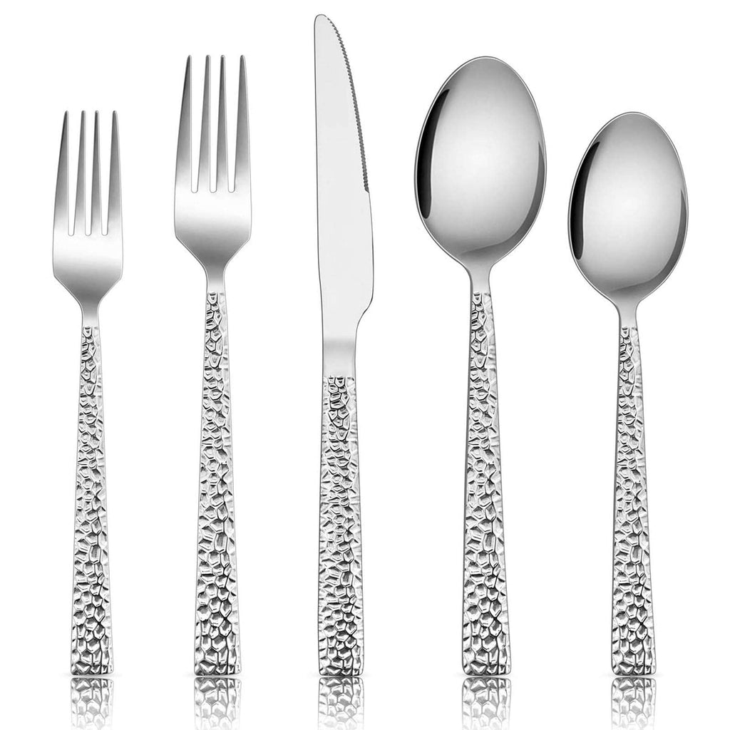 60-Piece Silverware Set, Hammered Stainless Steel Square Flatware Cutlery Set for 12, Tableware Set Eating Utensils