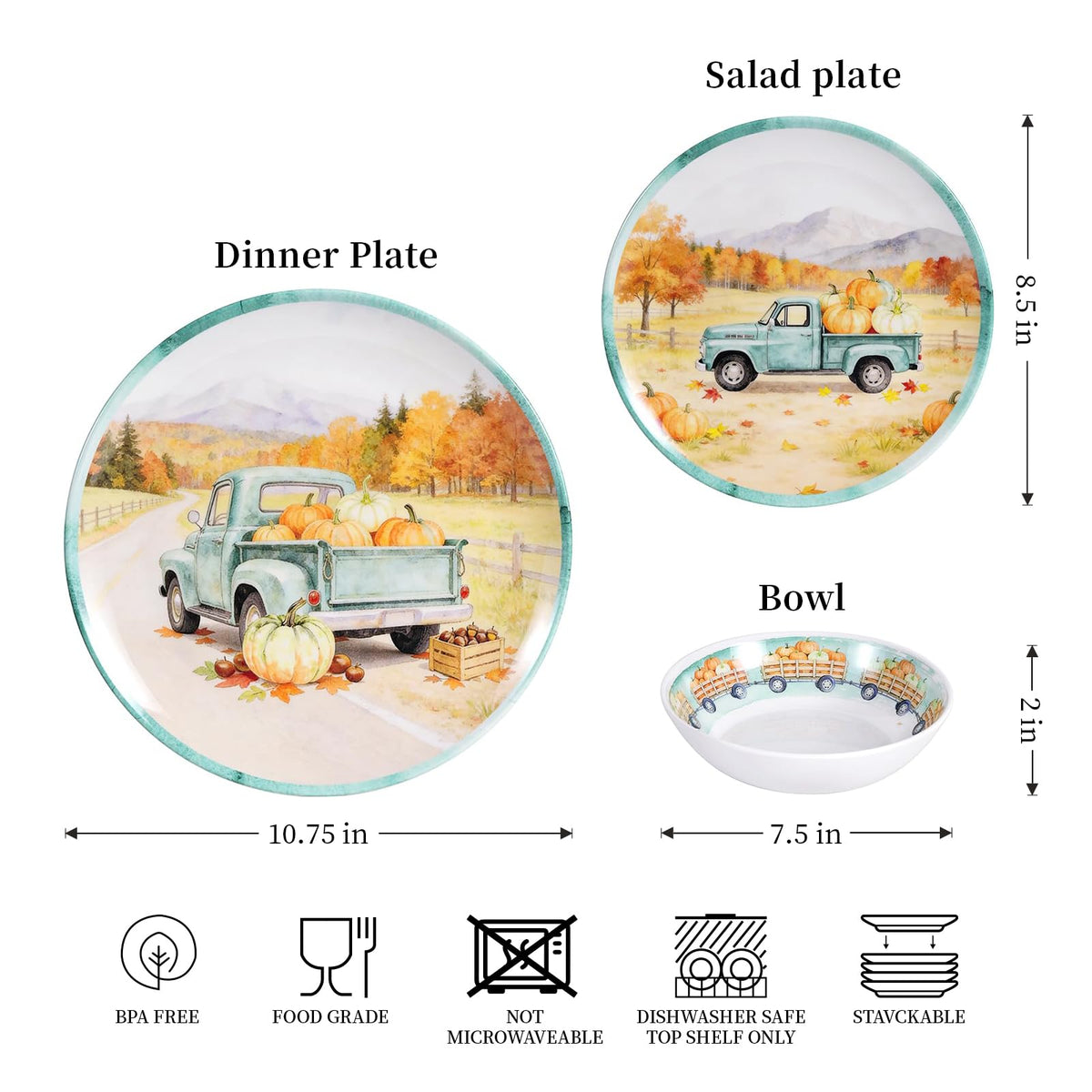 12pcs Fall Melamine Dinnerware Set, Green pickup truck Plates Bowls