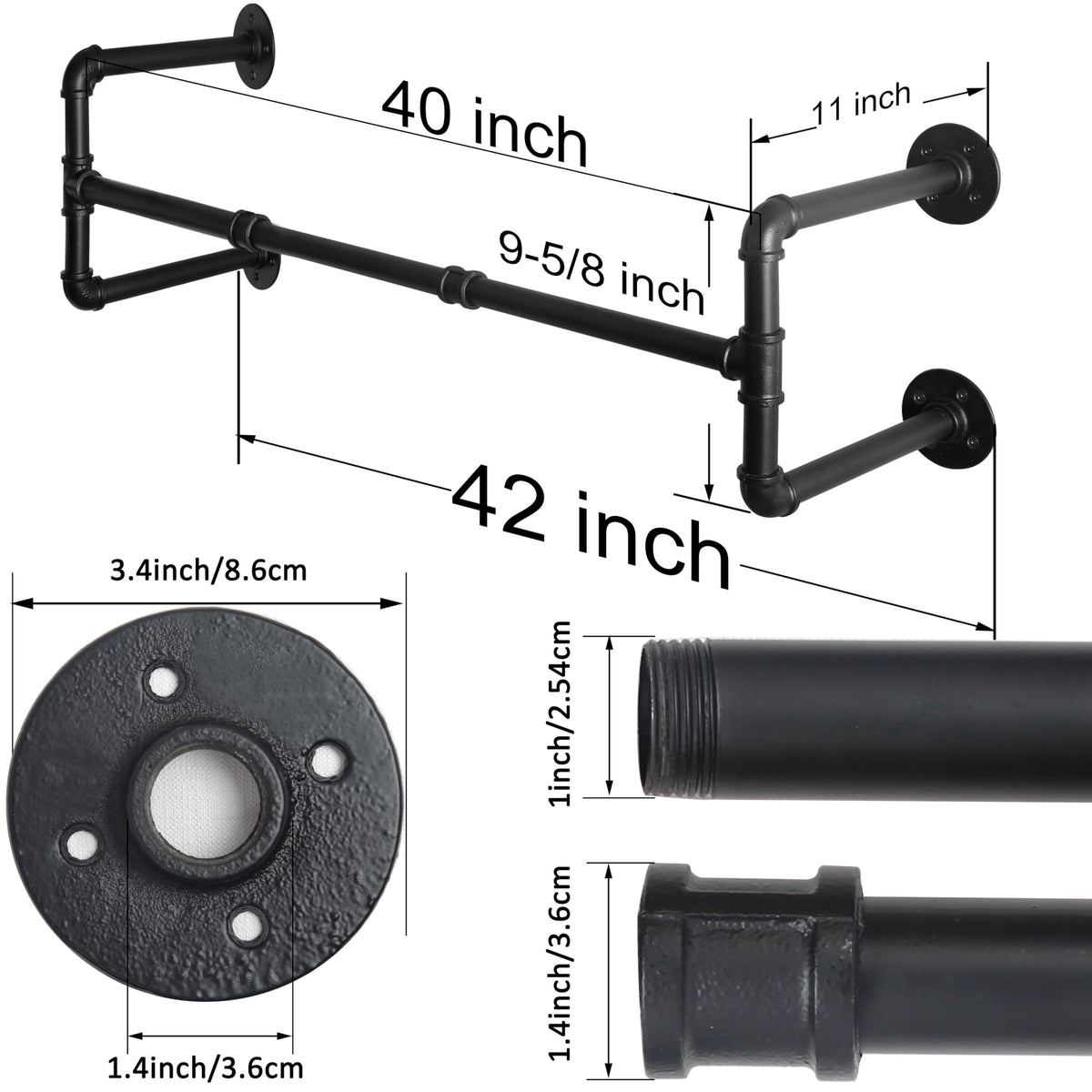 Clothing Rack Wall Mount,42" Industrial Pipe Clothes Rack for Hanging Clothes,Heavy Duty Iron Garment Rack Bar,Retail