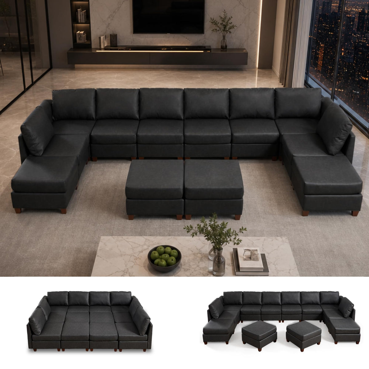 166" Modern Sectional Sofa, Faux Leather Modular Sectional Couchs with Storage Waterproof Convertible U/L Shaped Wide