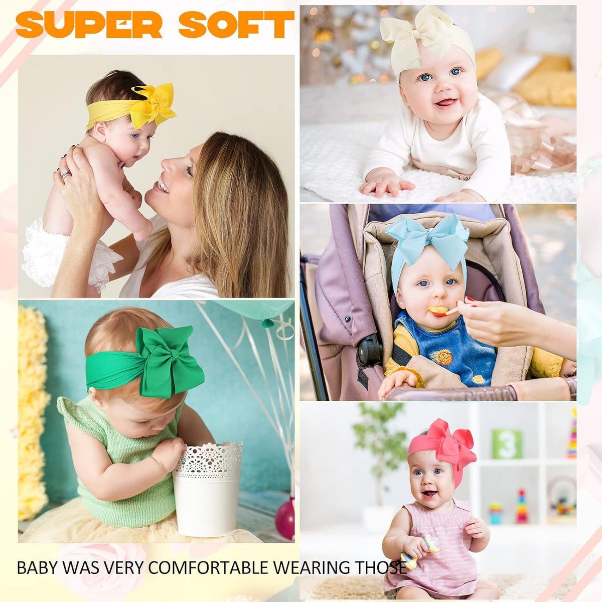 50 Pcs Baby Girls Large Bow Headbands 6.3 Inch Soft Nylon Turban