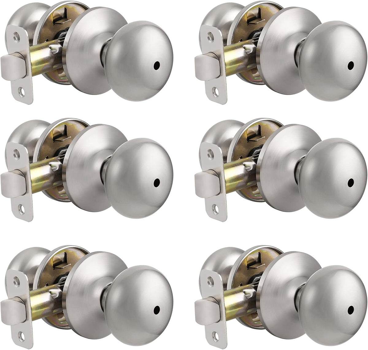 Privacy Stainless Steel Door Knobs Interior, Bed/Bathroom Door Knob(Bedroom & Bathroom) Brushed Nickel, 6 Pack