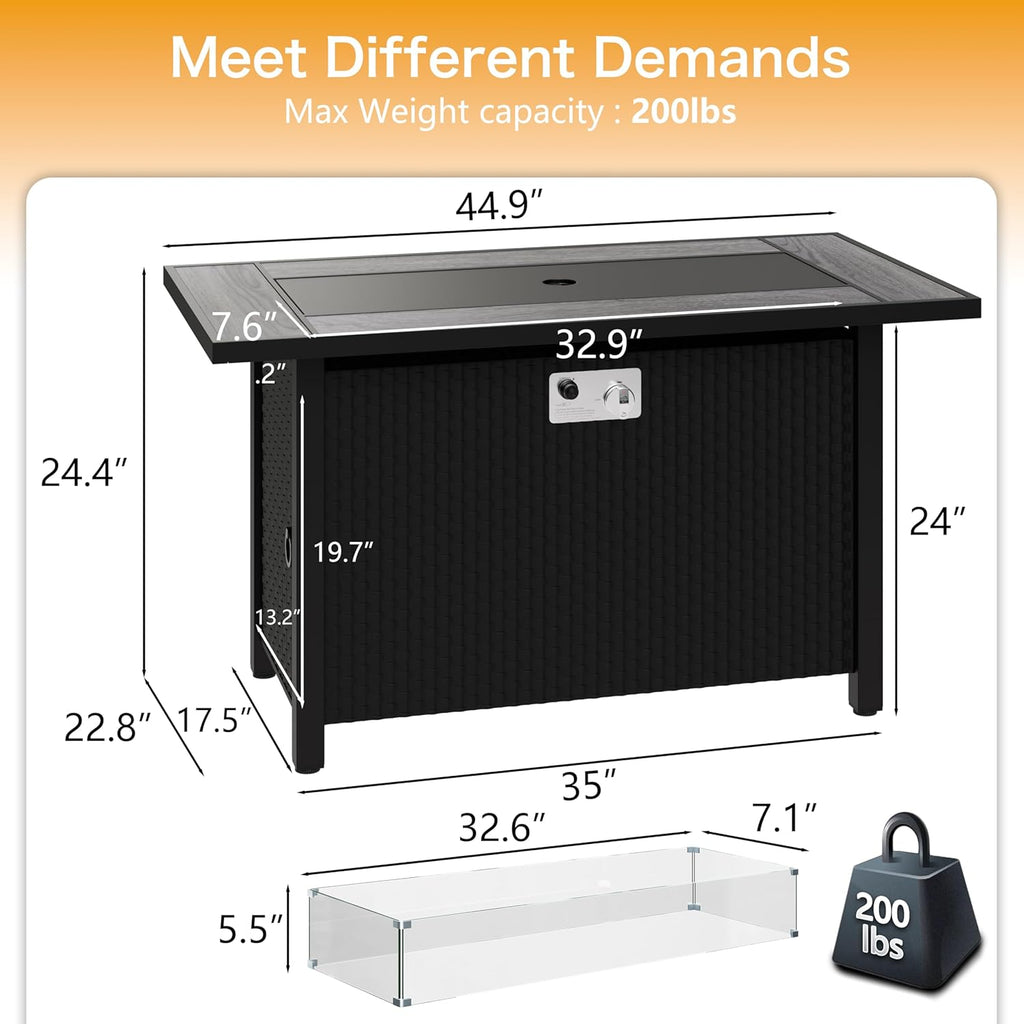 45in Fire Table, Propane Fire Pit with Glass Wind Guard and Rain Cover, Outdoor Firepit Table 50000 BTU 3-in-1 Fire Table for Patio/Yard/Balcony