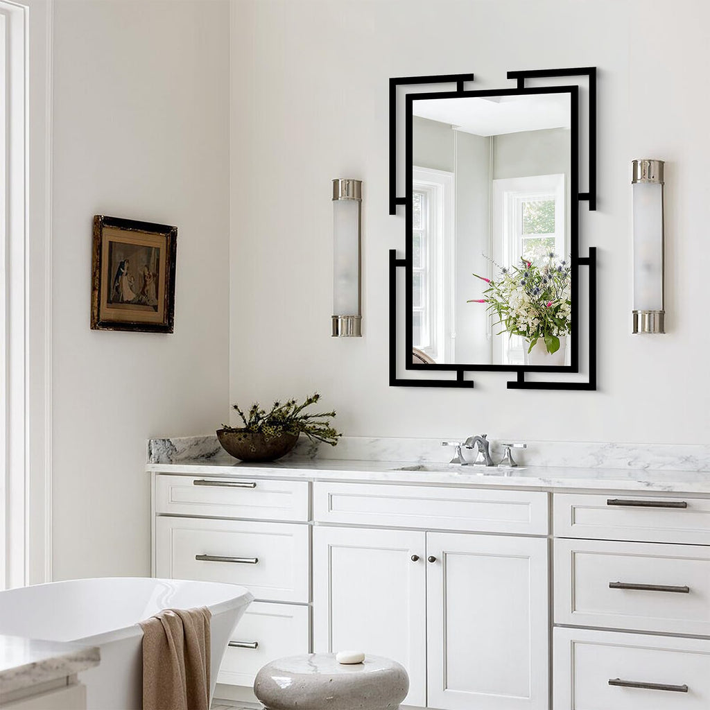 Large Decorative Wall Mirror, 24"x36" Black Mirror, Tempered Glass Wall Decor with Metal Frame, Modern Farmhouse