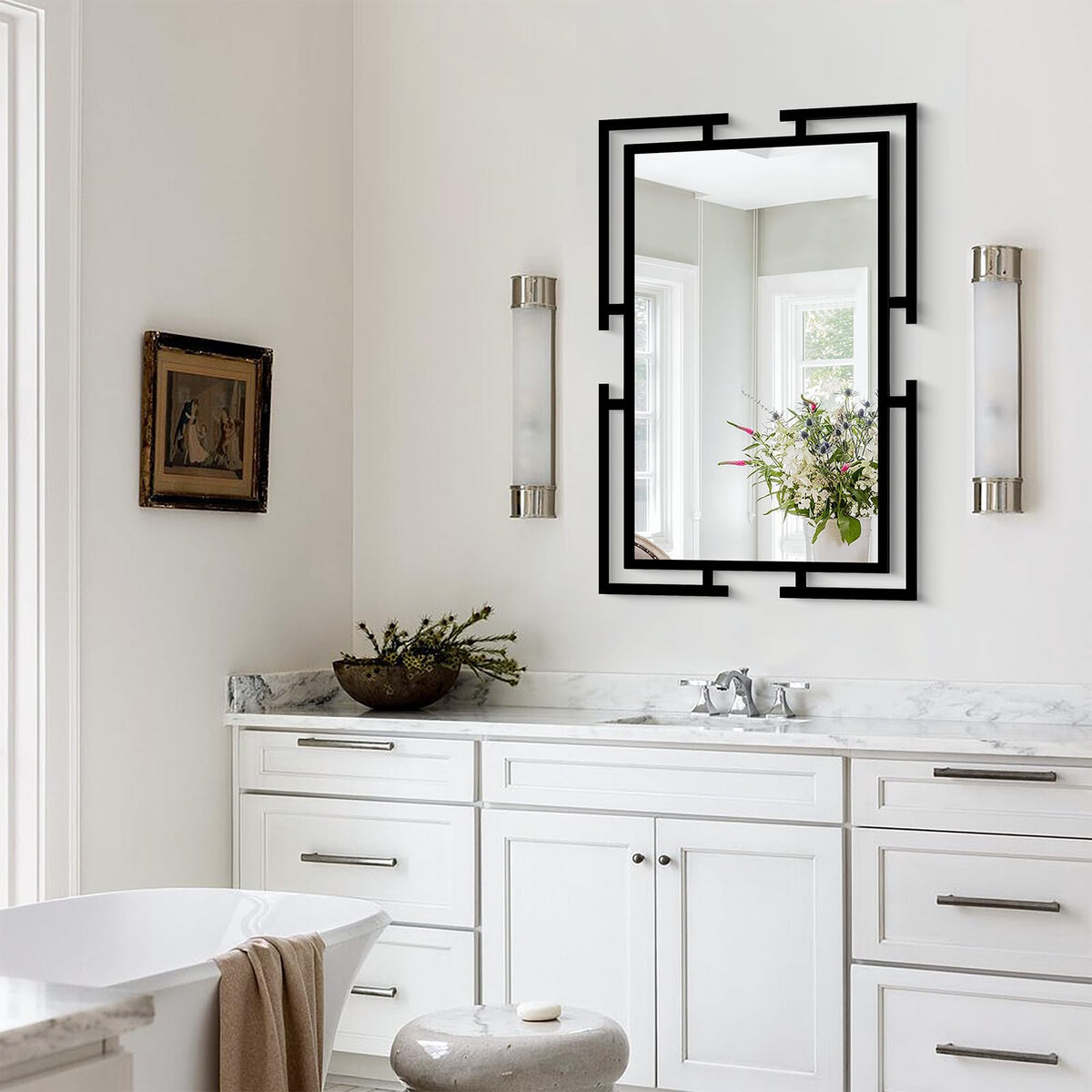 Large Decorative Wall Mirror, 24"x36" Black Mirror, Tempered Glass Wall Decor with Metal Frame, Modern Farmhouse