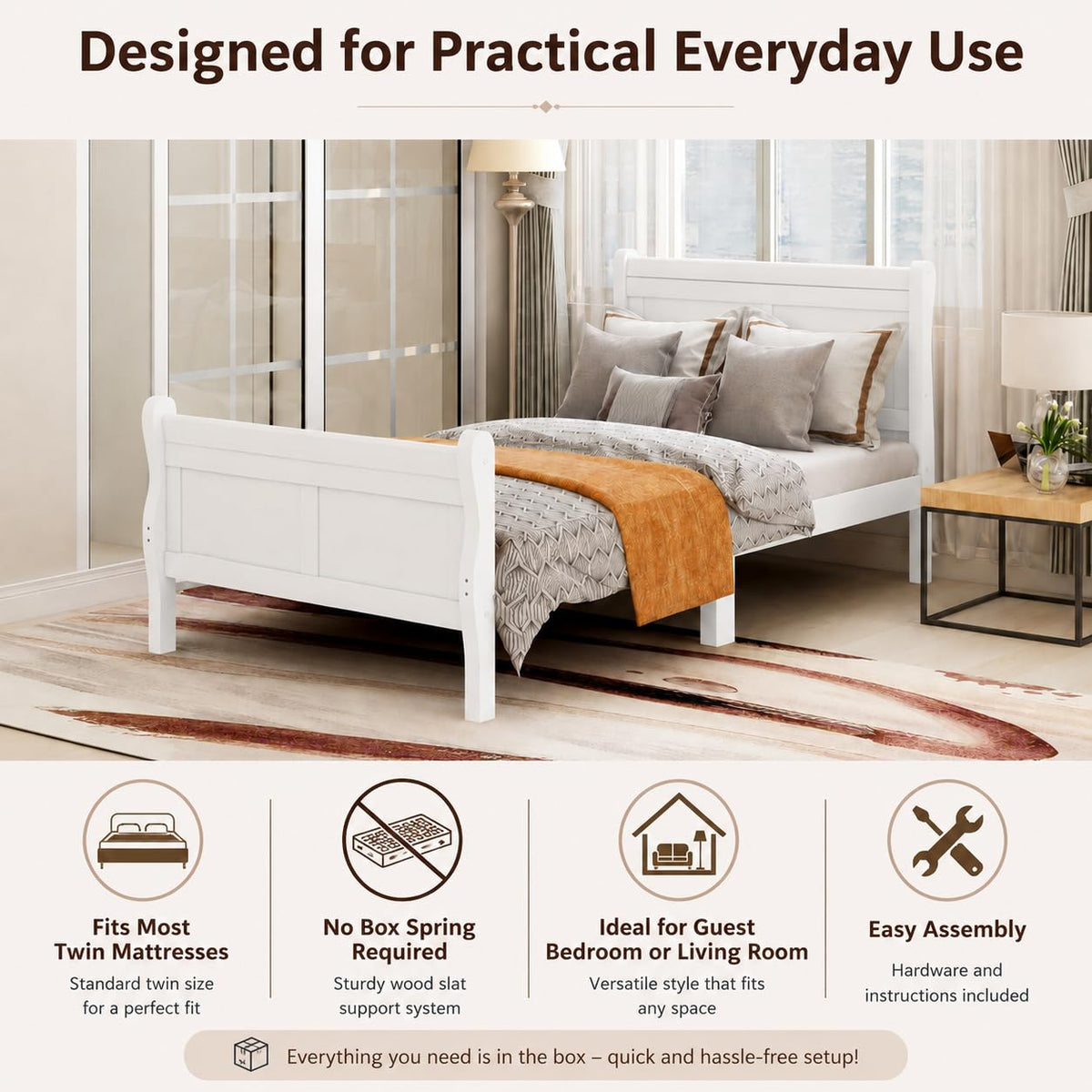 Solid Wood Bed Frame with Headboard, Footboard Farmhouse Platform Bed, Mattress Foundation Sleigh Beds