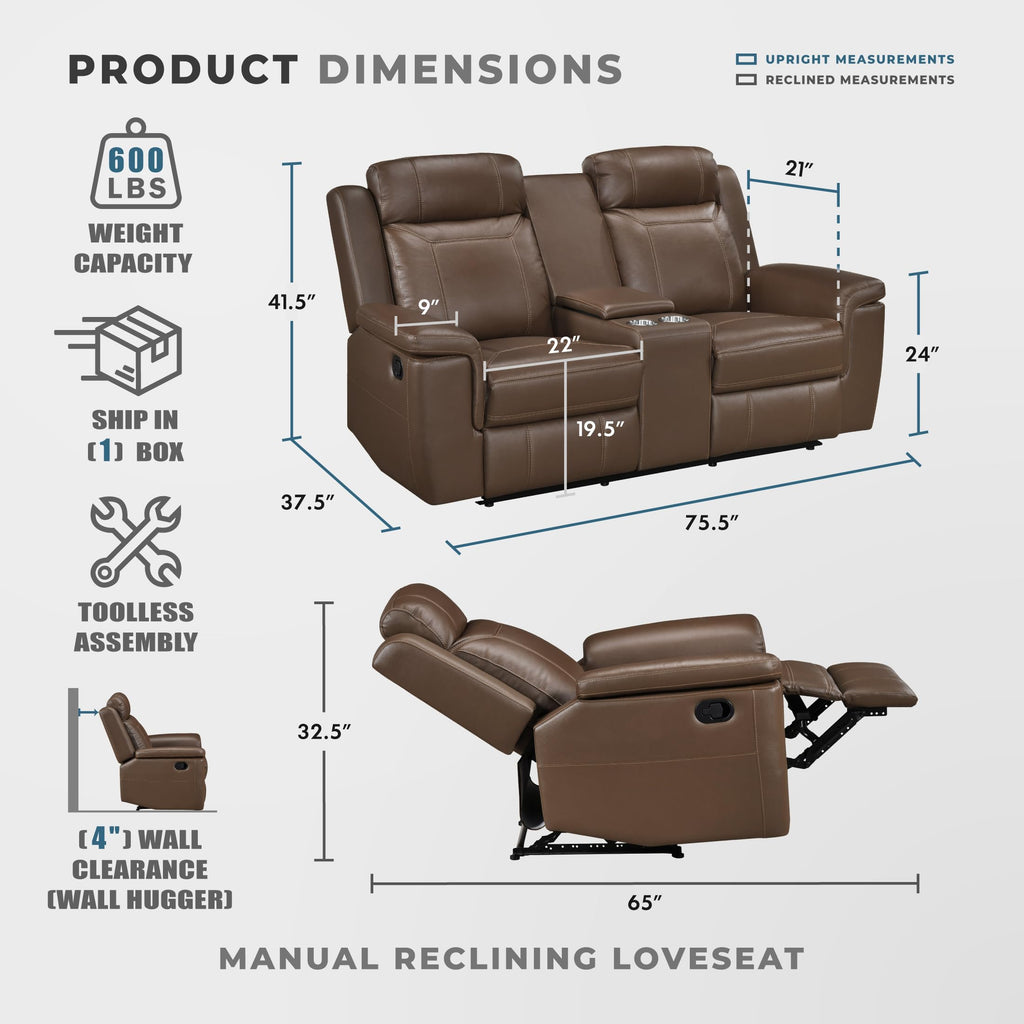 Top Grain Leather Match Manual Double Reclining Loveseat with Storage Console, Wall Hugger, Cup Holders, Power