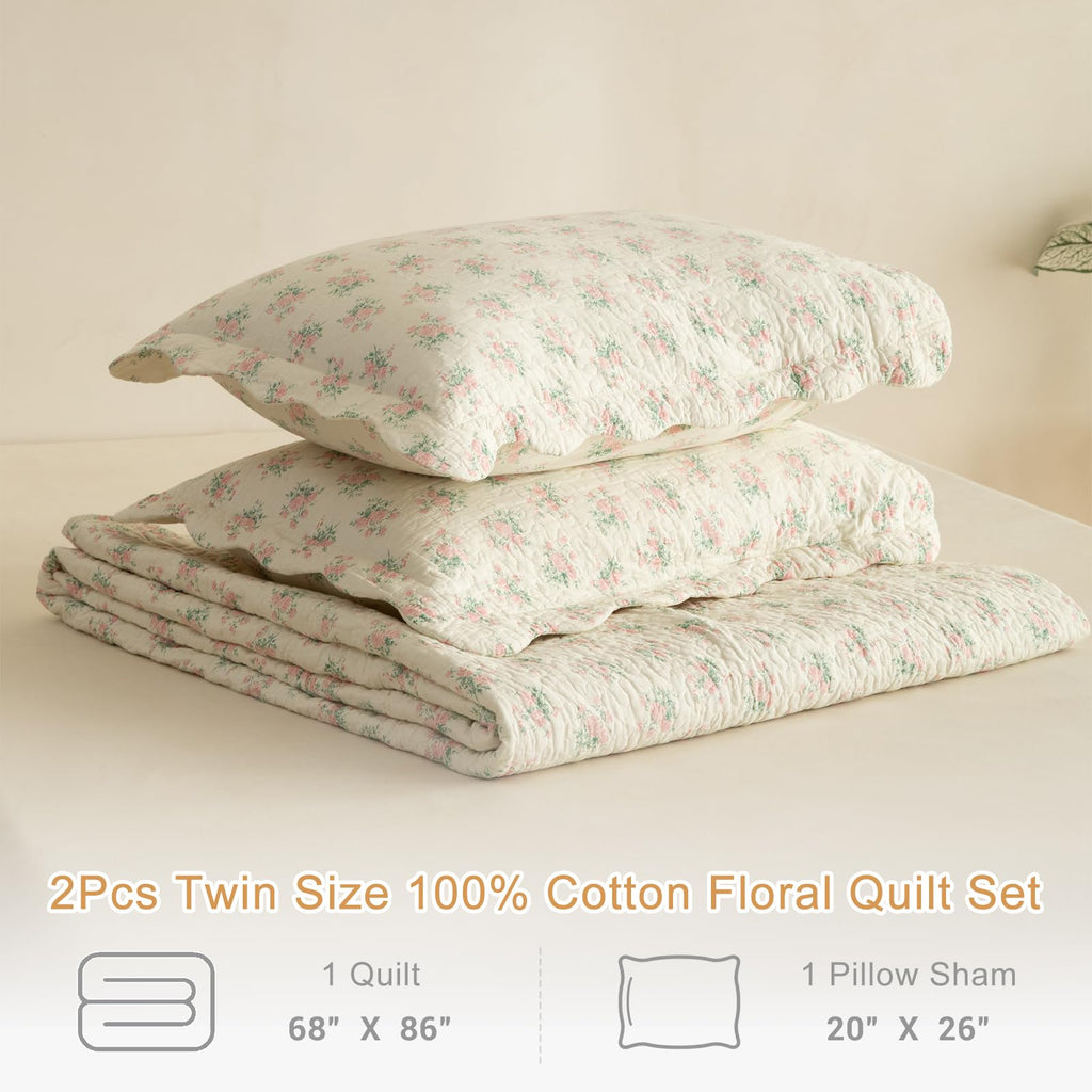 100% Cotton Quilt Set - Pink Flower Botanical Bedspread