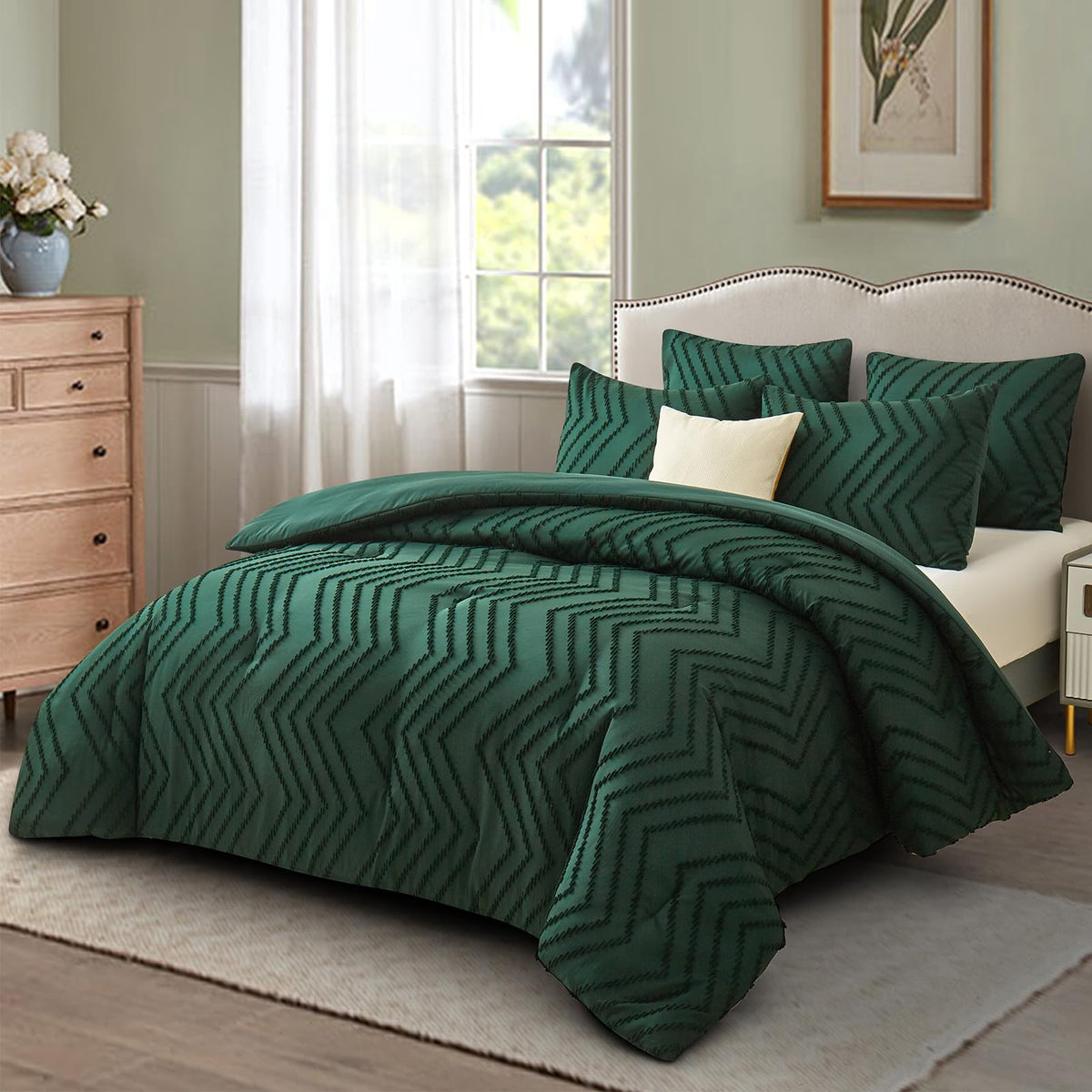 Tufted Boho King Size Comforter Set, Emerald Green Bohemian Farmhouse Bedding Set, 3 Pieces All Season Soft
