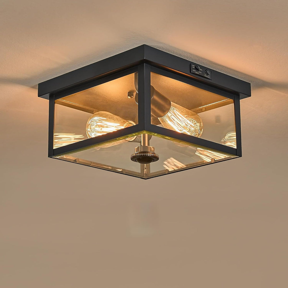 Adjustable Motion Sensor Ceiling Light Fixture Outdoor Modern Design of Squares Flush Mount 2-Light Textured Black