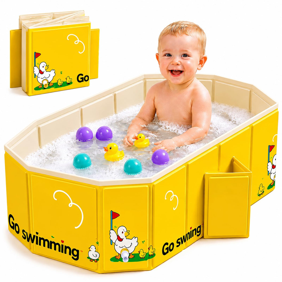 Collapsible Toddler Bathtub for Ages 1-5, Portable Foldable Baby Bath Tub with Dual Drain, No-Assembly Kids Shower