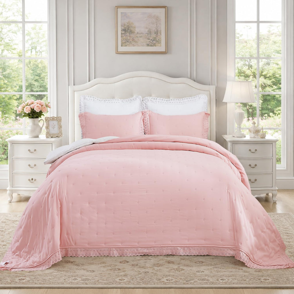 Pink Ruffle Quilt Set 68x90, Soft Lace Trim Bedding