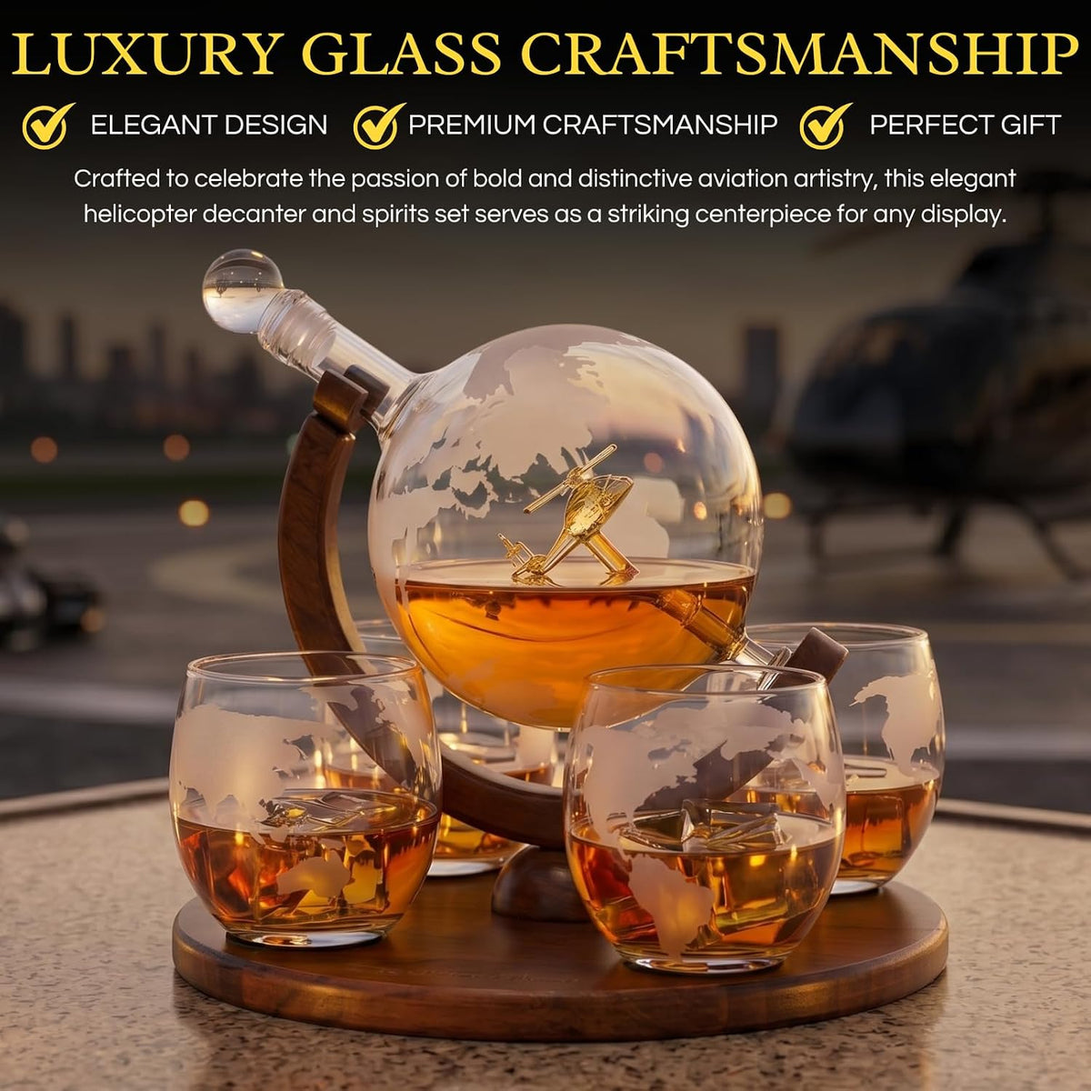 Helicopter Whiskey Decanter Set - For pilots & aviation fans. Unique globe decanter with military helicopter design.