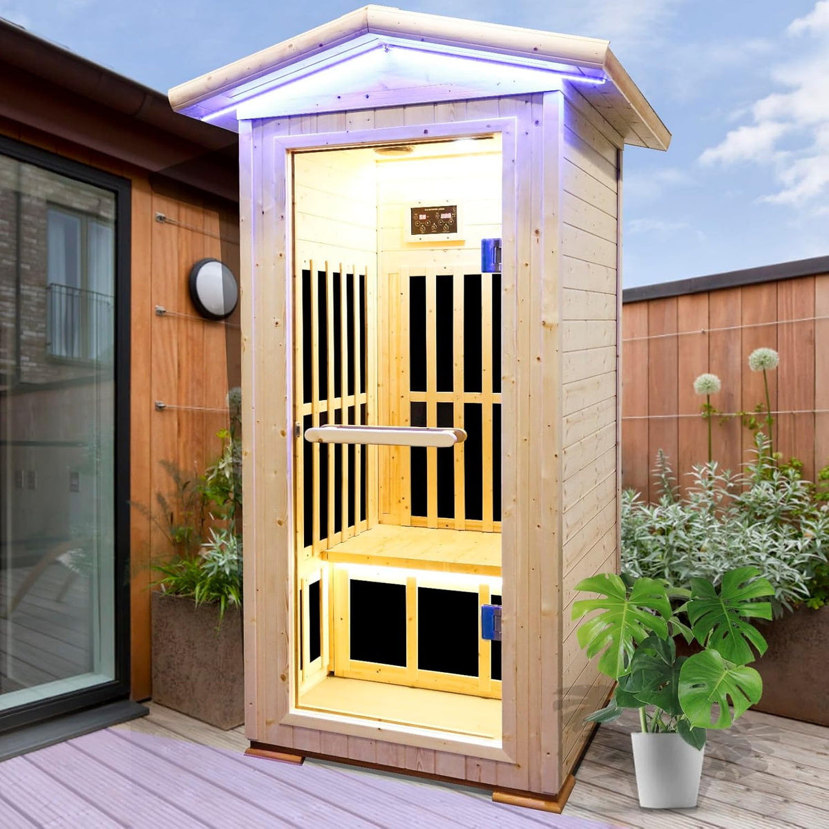 Outdoor Sauna Wooden Far Infrared Saunas Spa 1550W Low-EMF Dry Sauna Room for One Person Finland Spruce Wood