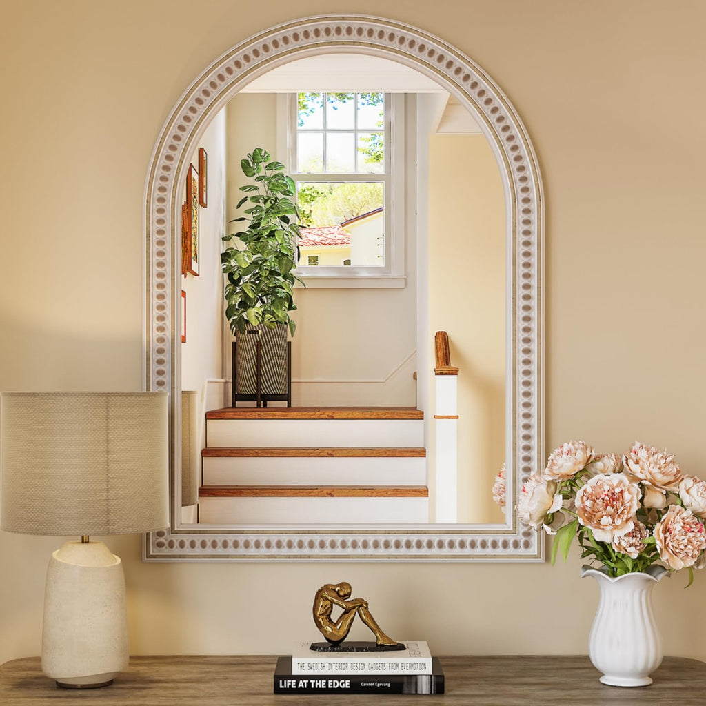 Boho Mirror for Wall, 22" x 30" Farmhouse Arched Rustic Wooden Frame Mirror with Beaded, Arch Decorative Wall Mirrors