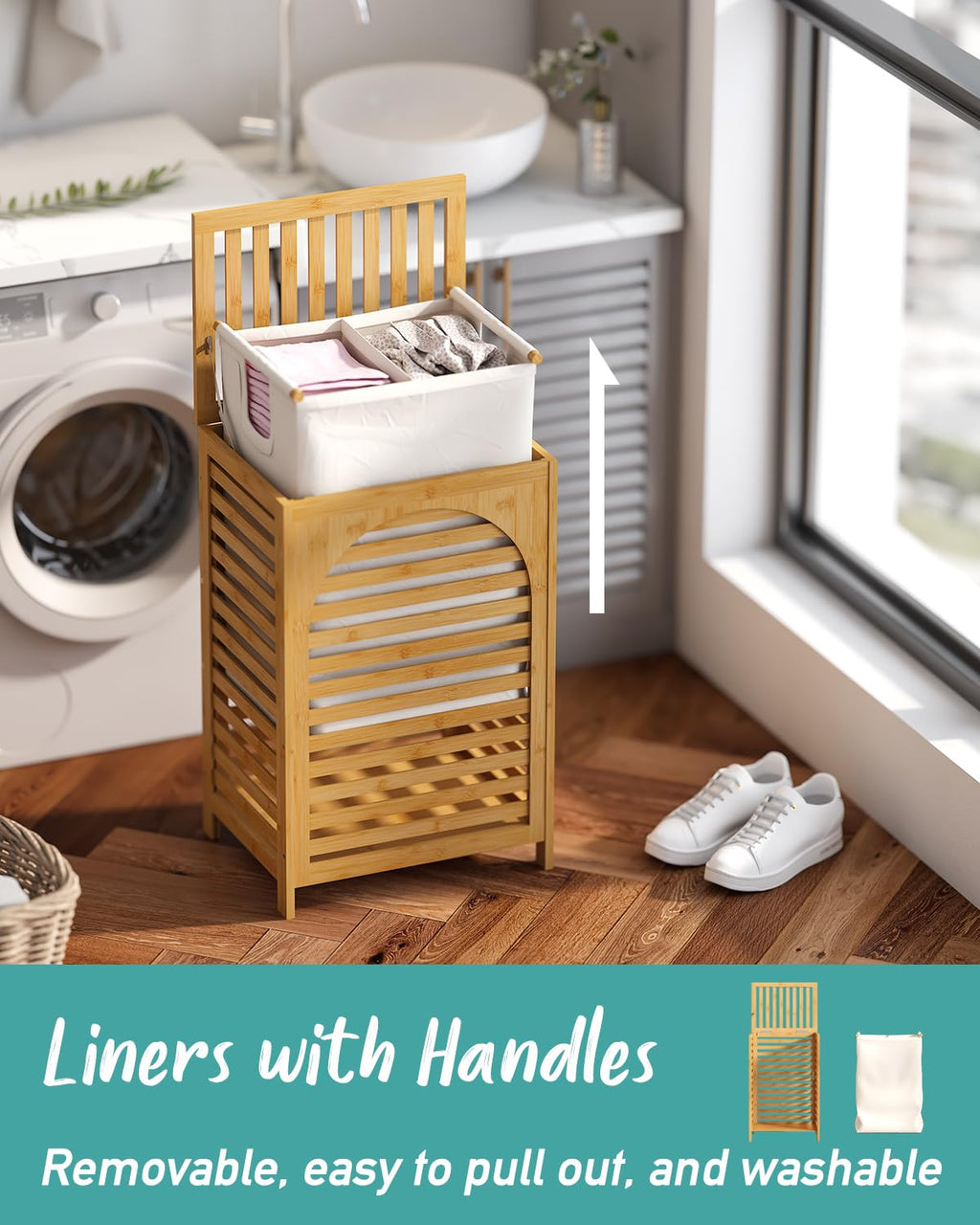 Hamper, 22.5 Gallon (85L) Bamboo Wood Clothes Laundry Basket with Lid and Handles, Removable Liner (Natural, Large)
