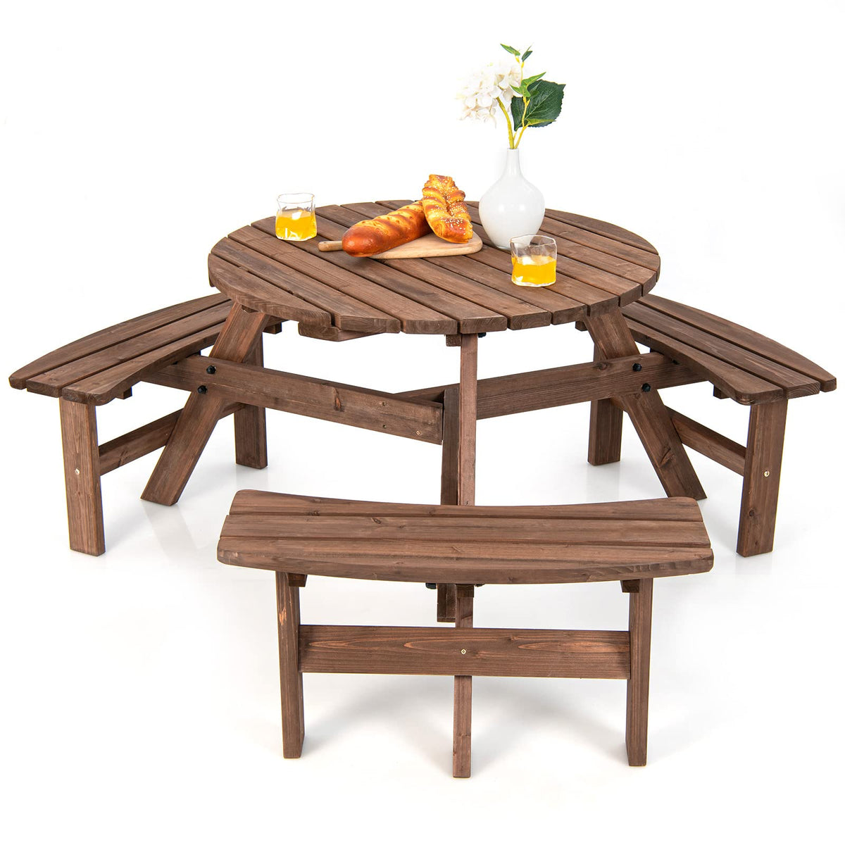 6 Person Wood Picnic Table, Outdoor Round Picnic Table with 3 Built-in Benches, Umbrella Hole, Outside Table and