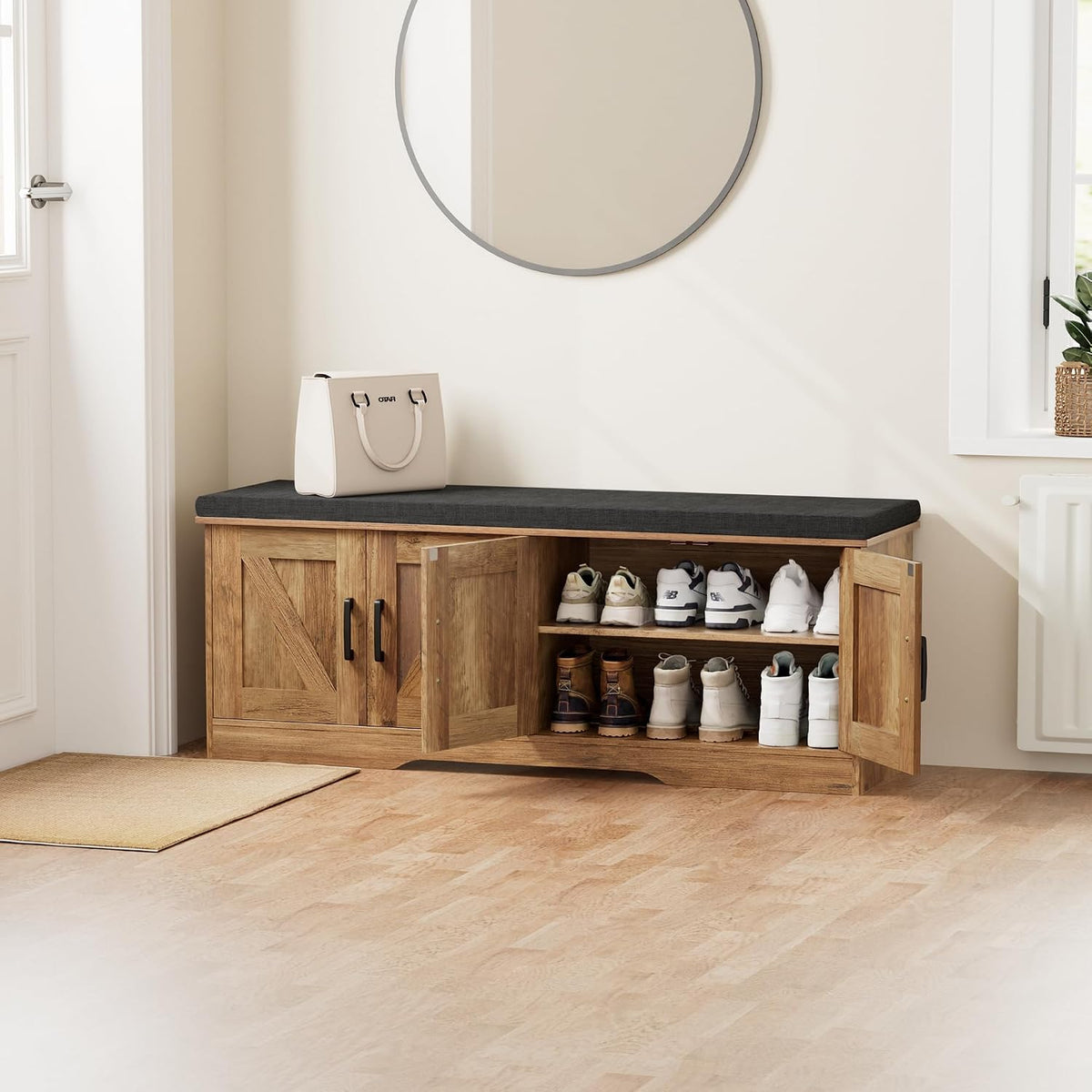 Farmhouse Shoe Storage Bench with 4 Barn Doors & Padded Seat Cushion | 47.2" Wide Entryway Bench with Adjustable