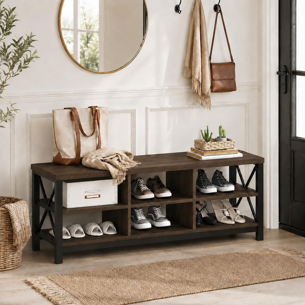 Industrial Shoe Bench with Storage, Rustic Entryway Bench