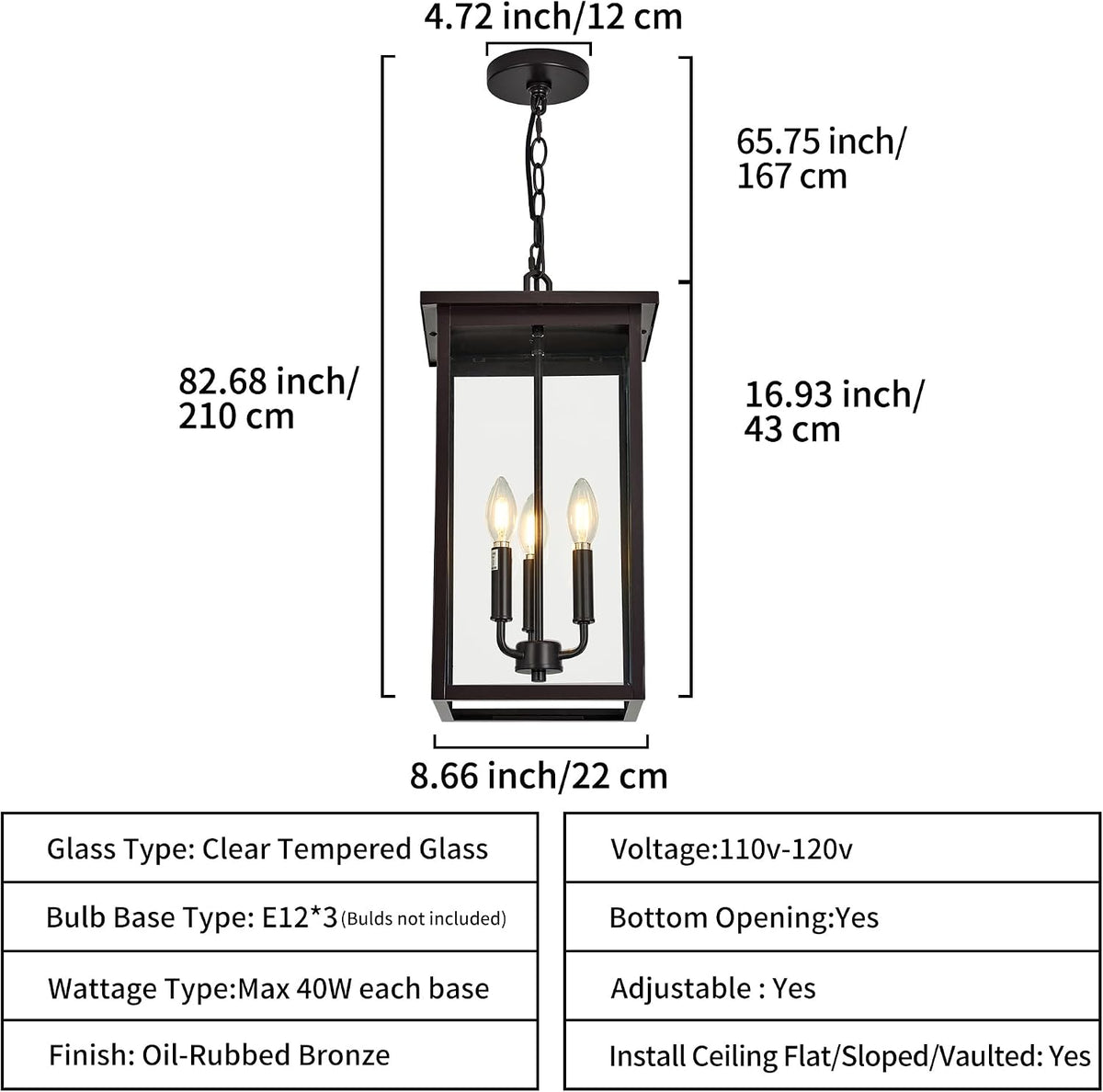 Large Outdoor Pendant Light Fixtures, Oil Rubbed Bronze 3-Lights Outdoor Ceiling Hanging Lanterns with Clear Glass