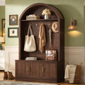 Hall Tree with Bench and Shoe Storage, Farmhouse Hall Tree with 5 Metal Hooks, Mudroom Furniture with Shelves
