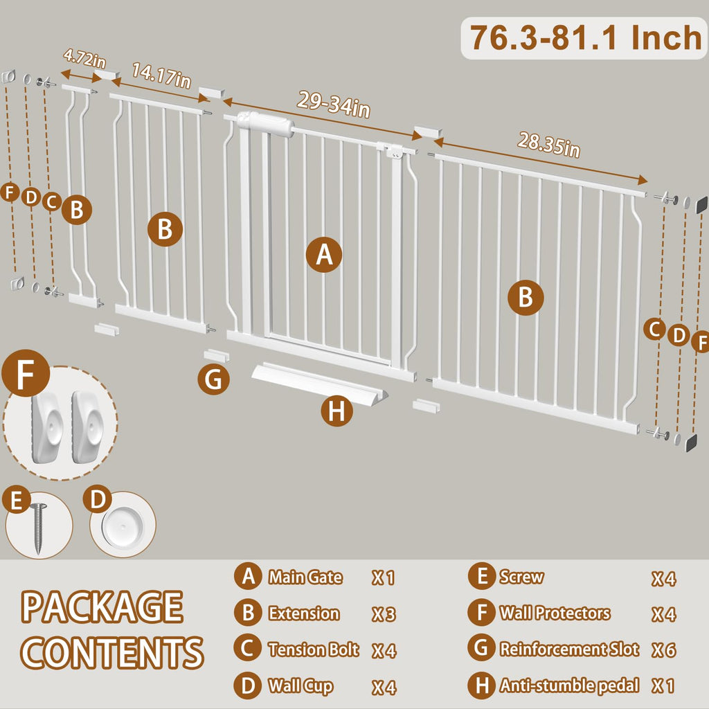 76.3-81.1 Inch Extra Wide Baby Gate for Doorway Pressure Mounted