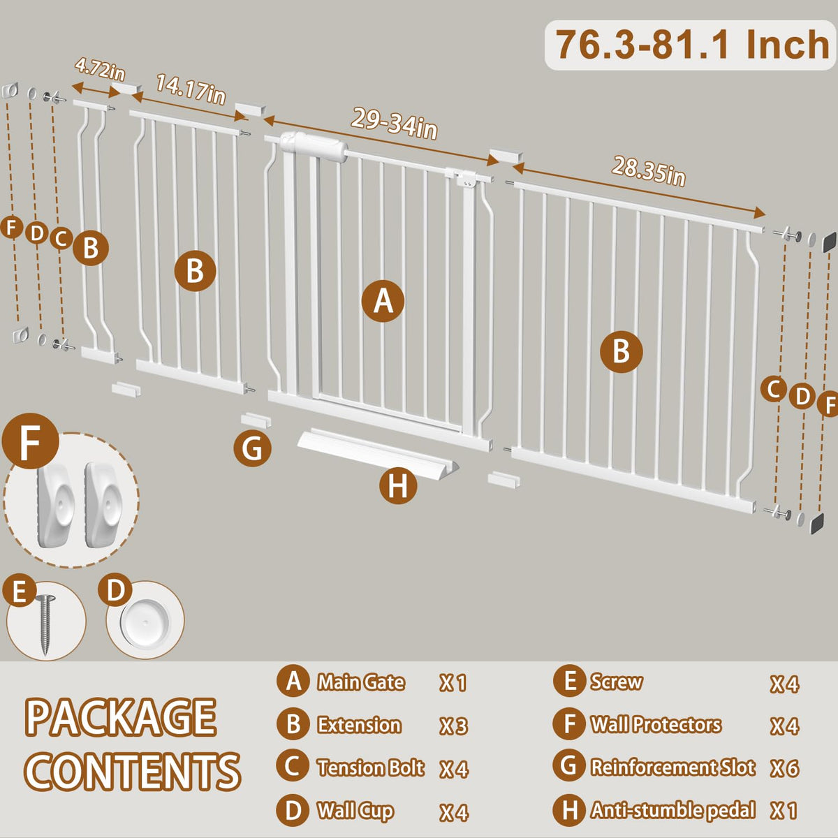 76.3-81.1 Inch Extra Wide Baby Gate for Doorway Pressure Mounted